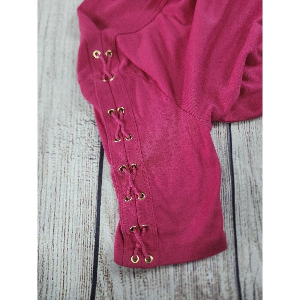 Karen Scott Women's Top Size Medium Pink Fuscia Boatneck Lace up Sleeves - Picture 3 of 6